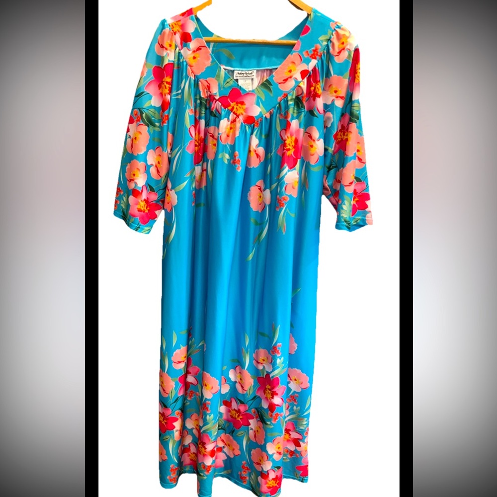 Vintage 70s MUMU DRESS BLUE Tropical flowers baggy POCKETS womens 1X PINK Floral